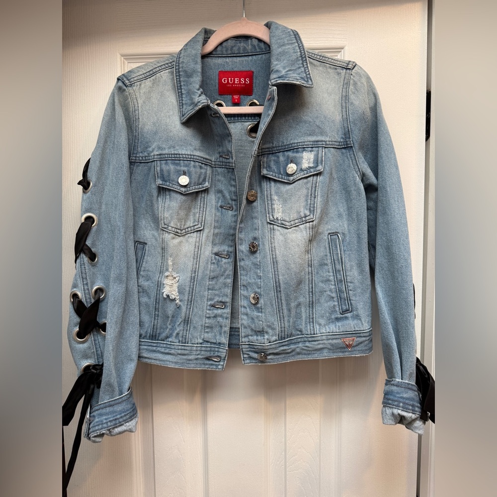 GUESS Blue Denim Jacket with Black Lace-Up Sleeves